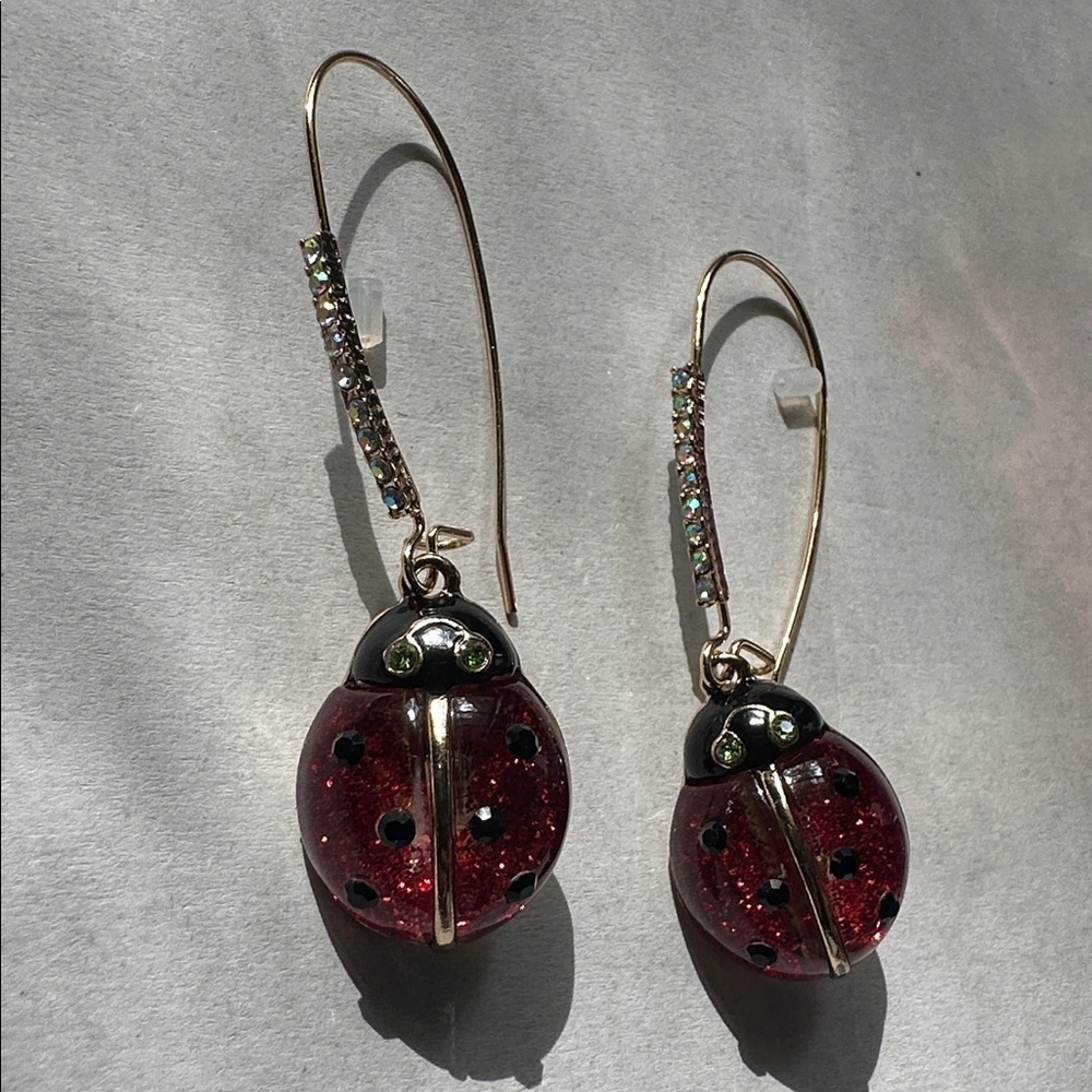 ❤️NWT Betsey Johnson Glitter Red Ladybug Drop Earrings Gold Tone Crystal Sparkle - Picture 11 of 16